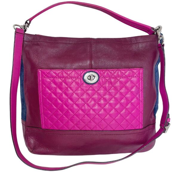 Coach Park Quilted Color Block Hobo Bag Maroon Pink Navy Blue Leather Bag - Picture 1 of 11